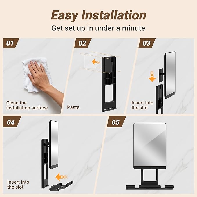 Heated Fogless Shower Mirror for Shaving, 5000mAh Long-Lasting Anti-Fog Shower Mirror with 360° Rotating Design & Razor Holder, Fog-Free Shaving Mirror for Men (Black)