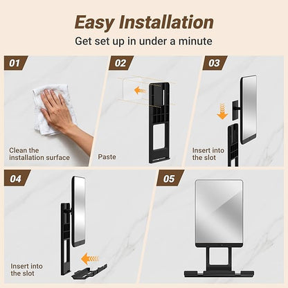 Heated Fogless Shower Mirror for Shaving, 5000mAh Long-Lasting Anti-Fog Shower Mirror with 360° Rotating Design & Razor Holder, Fog-Free Shaving Mirror for Men (Black)