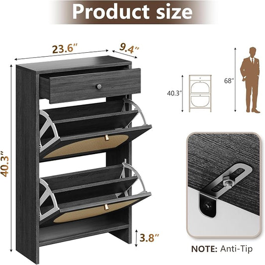 Nicetree Shoe Cabinet for Entryway, Slim Shoe Rack with 2 Flip Drawers and Top Storage Drawer, Narrow Shoe Organizer with Printed Rattan-Look Design, Entryway Shoe Storage for Size 12 Shoes, Black