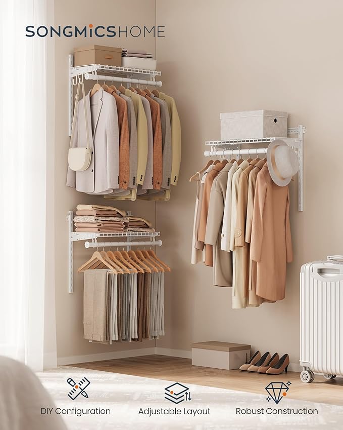 SONGMICS HOME Closet System, Closet Insert Organizer, 4-6 ft, Adjustable Metal Shelving Unit with 4 Hanging Rods, 4 Shelves, and Hooks, for Pantry Mudroom Garage Basement, Cloud White URGR031W01