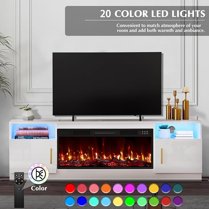 LEMBERI 70" Fireplace TV Stand for TVs up to 80", 36" Electric Fireplace 750W/1500W Entertainment Center with 20-Color LED, 300lbs Max Capacity High Gloss Storage Cabinet Console, White