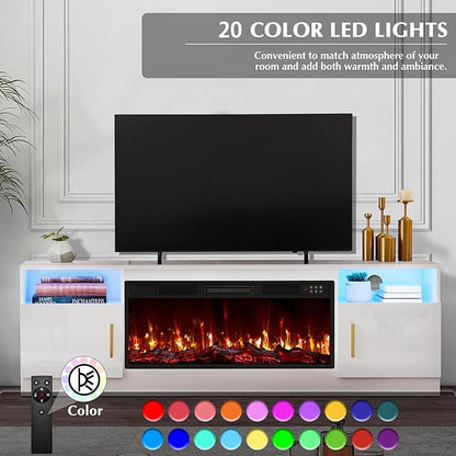 LEMBERI 70" Fireplace TV Stand for TVs up to 80", 36" Electric Fireplace 750W/1500W Entertainment Center with 20-Color LED, 300lbs Max Capacity High Gloss Storage Cabinet Console, White