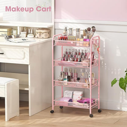 TOOLF 4 Tier Rolling Utility Cart - Durable Metal Design Pink Utility Cart, Storage Trolley on Wheels with 3 Hooks, Perfect for Kitchen, Bathroom & Laundry Room Organization