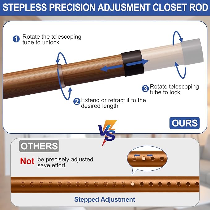 17 to 84 Inch Closet Rods for Hanging Clothes with Screwdriver, Stepless Adjustable Closet Rod Heavy Duty, 1.3 Inch Clothes Hanging Rod Metal Closets Bar for Wardrobes Laundry Bathroom RV, Dark Brown