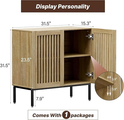 Buffet Cabinet with Storage,31.5" Farmhouse Console Table with Metal Base and Adjustable Shelf,Sideboard Coffee Bar Cabinet with 2 Doors for Kitchen,Dining Room,Living Room,Oak