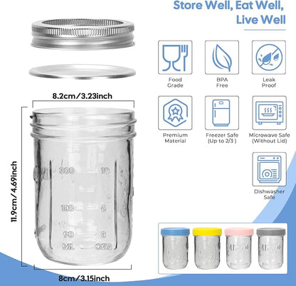 CycleMore 16oz 6 - Pack Wide Mouth Mason Jars with Airtight Lids & Colorful Lids, Glass Canning Jars with Measurement Marks, for Canning, Preserving, Overnight Oats, DIY Crafts
