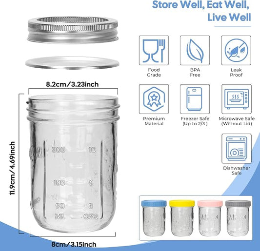 CycleMore 16oz 6 - Pack Wide Mouth Mason Jars with Airtight Lids & Colorful Lids, Glass Canning Jars with Measurement Marks, for Canning, Preserving, Overnight Oats, DIY Crafts