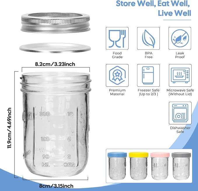 CycleMore 16oz Wide Mouth Mason Jars with Airtight Lids, 12 - Pack Canning Jars with Colorful Lids, Glass Jars for Fermenting, Pickling, Freezing, Preserving, Meal Prep, Jar Décor