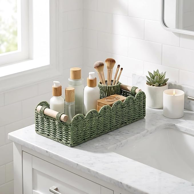 Green Paper Rope Scalloped Basket with Wooden Handles, Decorative Storage Basket for Coffee Table, Bathroom Counter, Shelves & Entryway – 14" x 6.3" x 3.9"