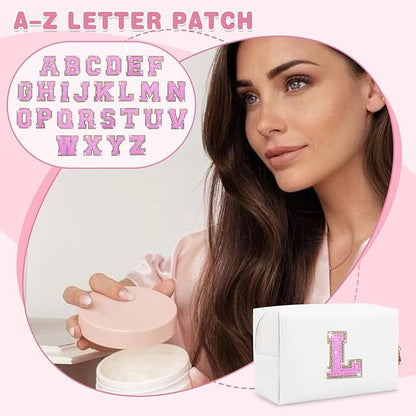 Small Initial Patch Makeup Bag Personalized Gifts Make Up Bag,White Cute PU Leather Glitter Letter Cosmetic Bag with Zipper,Trendy Portable Travel Toiletry Pouch,Preppy Stuff for Teen Girls Women L