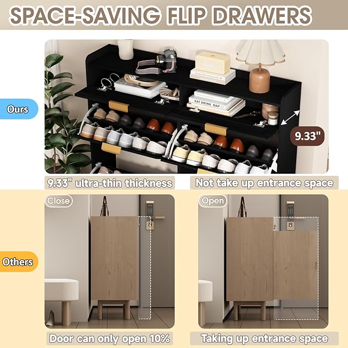 Rattan Shoe Storage Cabinet with 4 Flip Drawers & 2 Drawers, Freestanding Organizer for Front Door Entrance, Hidden Narrow Shoe Rack Cabinet Storage for Entryway, Black