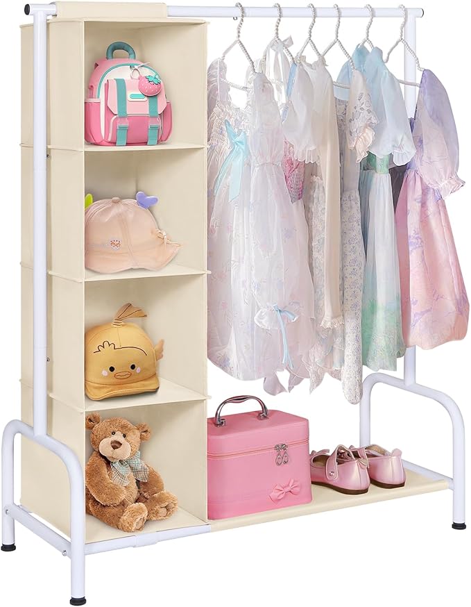 Univivi Kids Clothing Rack with Hanging Organizer, Child Dress Up Storage for Hanging Clothes, Kids Wardrobe Closet for Baby Clothes, Dance Costumes, Dance Costume Garment Rack, Beige/White