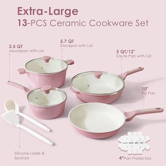 SENSARTE Nonstick Ceramic Cookware Set Large 13-Piece, Healthy Pots and Pans Set Dishwasher Safe, Non-toxic Kitchen Cooking Set with Stay-Cool Handles, Induction Compatible, PFAS Free, Green