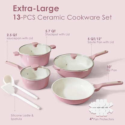 SENSARTE Nonstick Ceramic Cookware Set Large 13-Piece, Healthy Pots and Pans Set Dishwasher Safe, Non-toxic Kitchen Cooking Set with Stay-Cool Handles, Induction Compatible, PFAS Free, Green