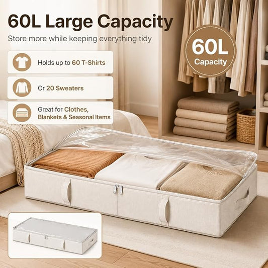 Vailando Side-Supported Under Bed Storage Containers, 6 Inches Tall 60L Underbed Storage Bins with Sturdy Handles and Sidewalls, Closet Organizer for Clothes, Blankets, Seasonal Items, Beige, 2-Pack