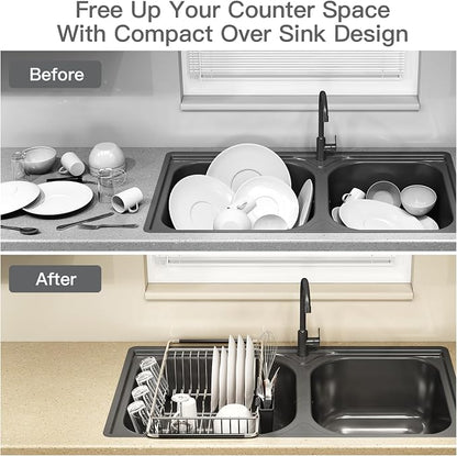 Over the Sink Expandable Dish Drainer Drying Rack In Stainless Steel for Small Kitchen, Counter Space Saving Modern Compact Metal Above Plate Dryer Strainer, Adjustable Hanging Inside Drain Holder | Expandable Stainless Steel Dish Drainer for Small Kit...