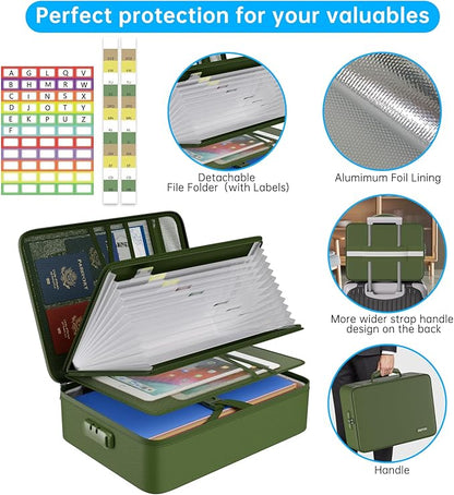 ENGPOW 5200 Fireproof File Organizer Bag with 13 Pocket Accordion File Folder, Document Organizer Box with Lock & Labels, Multi-Layer Portable Home Travel Safe Storage for Important Documents, Green