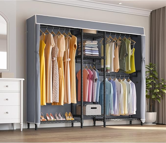 VIPEK Classic V6C Heavy Duty Covered Clothes Rack Portable Wardrobe Closet, 5 Tiers Wire Garment Rack Black Metal Clothing Rack with Grey Oxford Cover, 70.1" L x 17.3" W x 76.4" H, Max Load 870 LBS