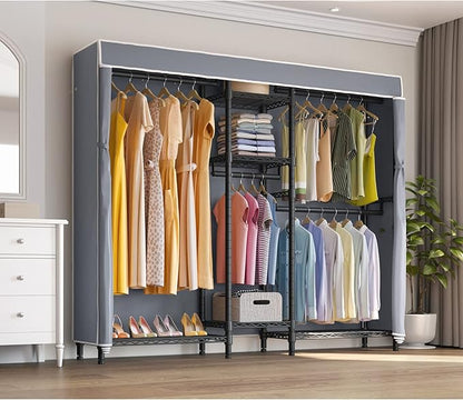 VIPEK Classic V6C Heavy Duty Covered Clothes Rack Portable Wardrobe Closet, 5 Tiers Wire Garment Rack Black Metal Clothing Rack with Grey Oxford Cover, 70.1" L x 17.3" W x 76.4" H, Max Load 870 LBS