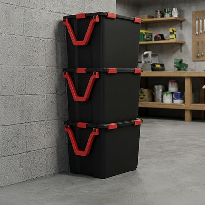 IRIS USA 3-Pack WeatherPro Gasket Box, 106 Quart Weather Resistant Storage Bins with Latching Lids, Heavy Duty Organizing Containers for Closet, Bathroom, and Office - Black/Red