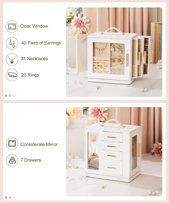 Homde Jewelry Box for Women Large: Rotating Organizer for Ring Earring Necklace Bracelet - 7 Drawers Storage for Dresser (White)