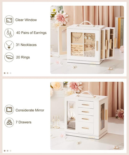 Homde Jewelry Box for Women Large: Rotating Organizer for Ring Earring Necklace Bracelet - 7 Drawers Storage for Dresser (White)