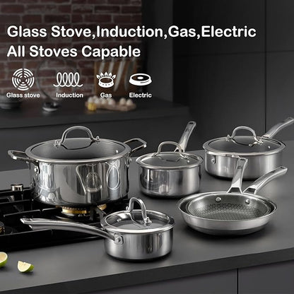 Pots and Pans Set Non Stick, 10 Pcs Hybrid Stainless Steel Cookware Sets, Non Stick Frying Pans, Saucepans, Saute Pan & Stock Pot, PFOA Free Kitchen Skillet,Induction Compatible