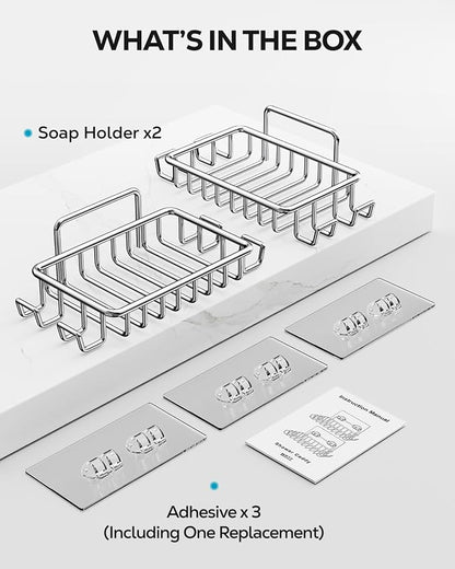 Nieifi Soap Dish,Bar Soap Holder for Shower Wall with 4 Hooks Stainless Steel Adhesive Soap Dish for Bathroom Shower Razor Holder (Silver)