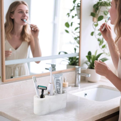BCS Toothbrush Holder for Bathrooms, 3 Slots Marble Toothbrush Organizer, Makeup Brush Stand Toothbrush Storage Collection for Bathroom Countertop Vanity Organization - White