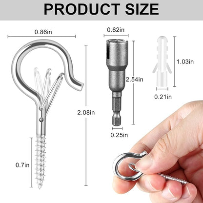 12 PCS Q-Hanger Hooks, Screw Hooks for Outdoor String Lights, Safety Buckle Design Cup Eye Hook for Hanging Christmas Lights, Plants, Wind Chimes, Mounted on Wall Ceiling, Windproof, Silver