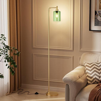 Floor Lamps for Living Room - Industrial Standing Lamp with Green Glass Shade, Modern Gold Floor Lamp with LED Bulbs, Farmhouse Floor Lamp for Bedroom, Tall Lamp for Office