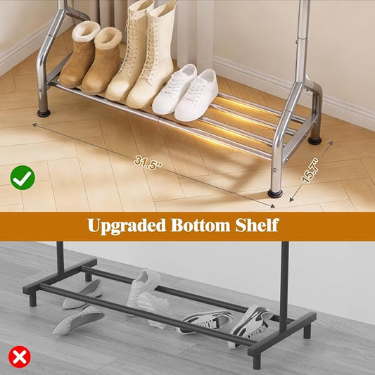 EAGMAK Sturdy Clothing Racks with Shelf, Metal Clothes Rack with Leveling Feet for Hanging Clothes, Freestanding Garment Coat Rack for Bedroom, Apartment & Small Spaces, Silver