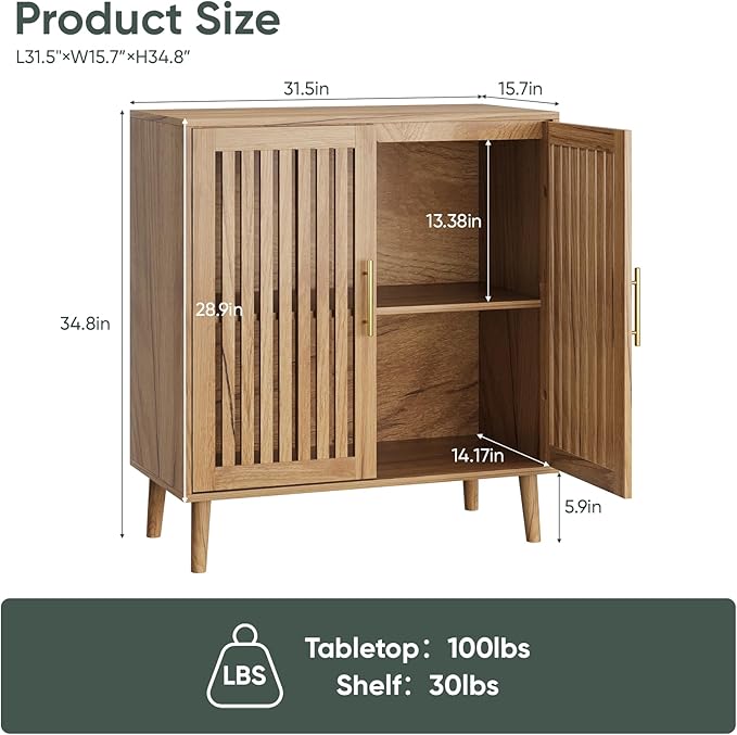 Sideboard Cabinet, 31.5" W Farmhouse Buffet Cabinet with Slatted Doors & Adjustable Shelf, Wooden Coffee Bar Storage Station for Kitchen, Dining Room, Living Room, Entryway, Natural Oak