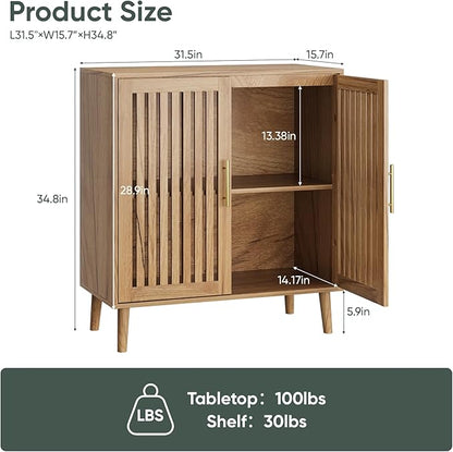 Sideboard Cabinet, 31.5" W Farmhouse Buffet Cabinet with Slatted Doors & Adjustable Shelf, Wooden Coffee Bar Storage Station for Kitchen, Dining Room, Living Room, Entryway, Natural Oak