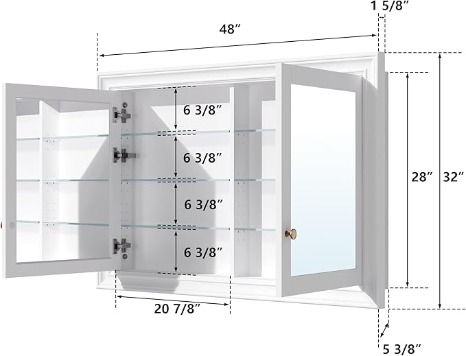 WELLFOR 48"x 32" Bathroom Medicine Cabinet with Dual Mirrors, Recessed Wood Medicine Cabinet with 6-Tier Adjustable Glass Shelves and Soft-Close Door