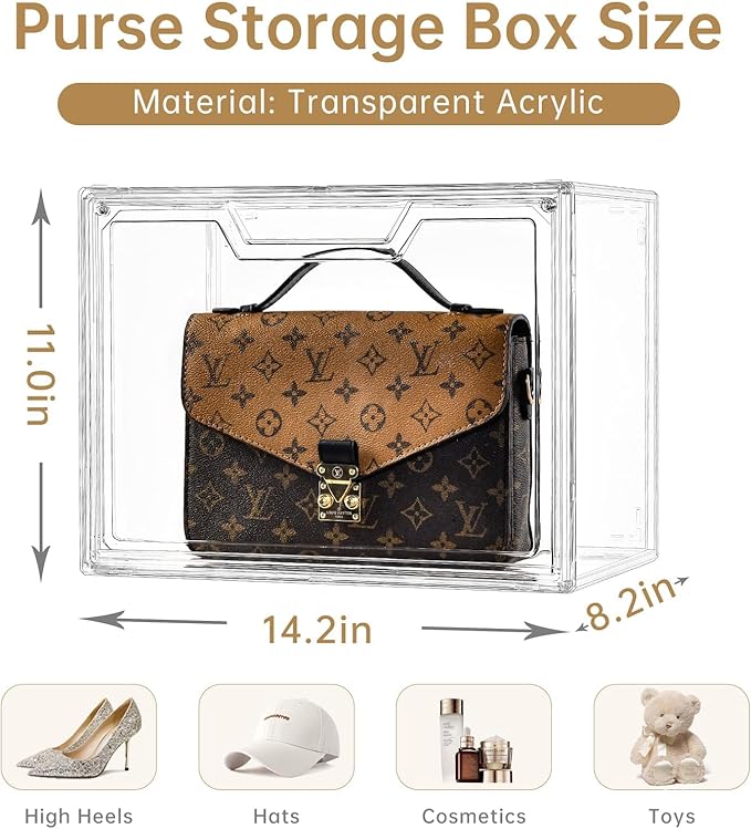 Purse Organizer for Closet,Clear Acrylic Display Case for Handbag Organizer, Purse Storage Box with Magnetic Door, Plastic Storage Bins for Book, Collectibles, Cosmetic (5 Pack)