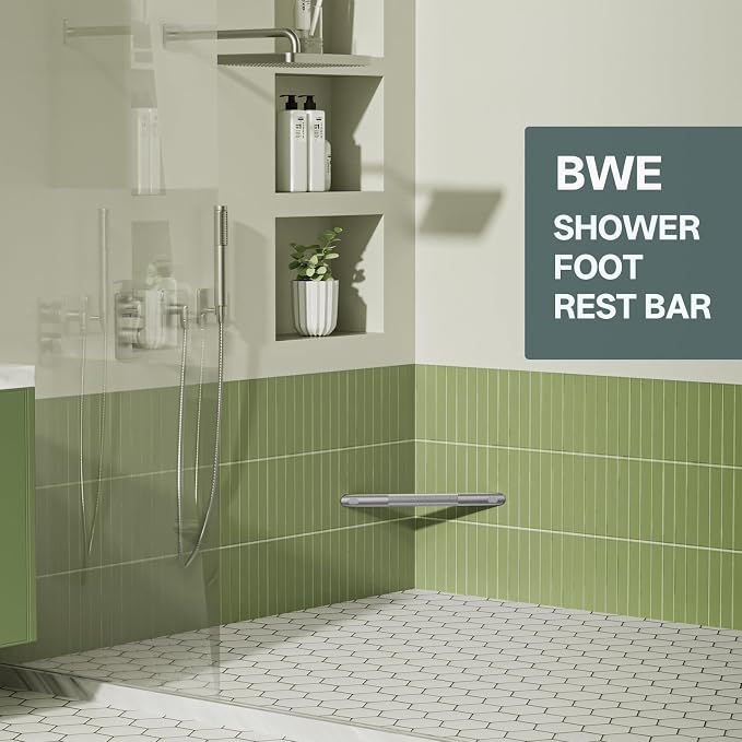 BWE Brushed Nickel Shower Foot Rest Bar, Stainless Steel Bar Corner Shower Foot Rest for Shaving Legs, Non-Slip Knurled Shower Step, Wall Mounted Bathroom Shower Shaving Foot Rest