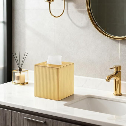 Gold Tissue Box Cover Square with Magnetic Closure, PU Leather Tissue Box Holder for Bathroom NightStands Livingroom, Decorative Modern Square Tissue Holder (Gold)