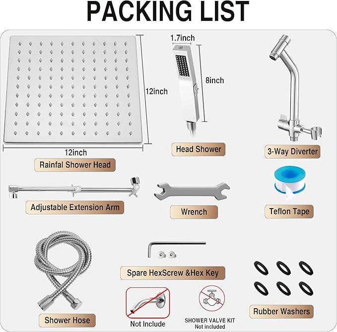 All Metal 12 Inch Rain Shower Head with Handheld Built-in Power Wash Mode, High Pressure Waterfall Rainfall Square Shower Heads with 16" Adjustable Extension Arm, Dual Showerhead(Chrome)
