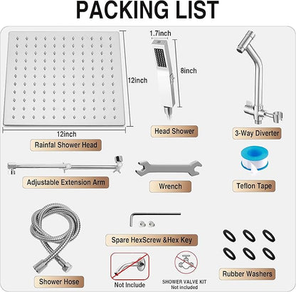 All Metal 12 Inch Rain Shower Head with Handheld Built-in Power Wash Mode, High Pressure Waterfall Rainfall Square Shower Heads with 16" Adjustable Extension Arm, Dual Showerhead(Chrome)