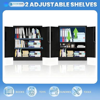Garage Metal Storage Cabinet with Lock, H35.5 Short Storage Cabinet with Adjustable Shelves and Doors, Metal Tool Cabinet Lockable for Garage, Utility Room