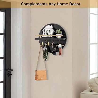 Key Holder for Wall Decorative with Shelf and Hooks, Mail Organizer Wall Mount with Sunglasses Holder, Circular Design Entryway Key Rack Hanger, Rustic Home Decor