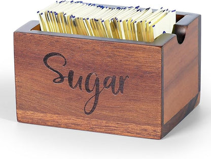 Acacia Sugar Packet Caddy for Coffee Bar, Farmhouse Wood Sugar Holder Packets , Sugar Packet Container, Small Tea Bag Organizer for Office Table,Hotel, Restaurant, Brown Labeled Sugar