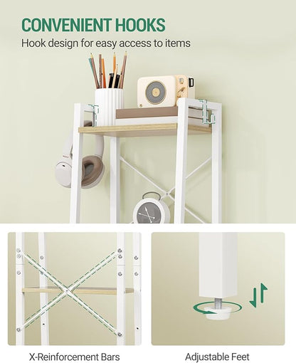 Ladder Shelf, Bookshelf Bookcase, Freestanding Corner Storage Shelve with 2 Hooks for Home Office, Living Room, Kitchen, Bedroom, Industrial, 11.8" D x 13.4" W x 47.2" H, White Oak and White