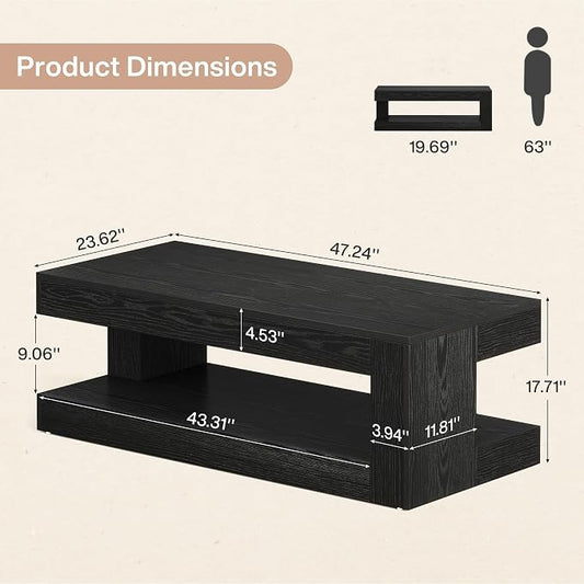 Tribesigns Coffee Table for Living Room, 47.24 Inch Farmhouse 2-Tier Accent Center Tea Cocktail Table with Storage, Rectangle, Black