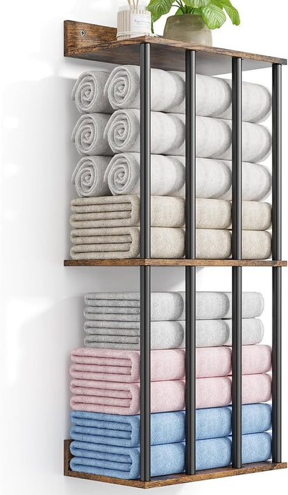 Towel Racks for Bathroom Wall Mounted, Updated 4 Bar Wall Towel Holder | Large Bathroom Towel Storage Rack for Rolled Towels, Vintage Metal Towel Organizer Shelf with Wooden Storage Shelf