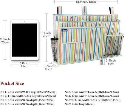 Surblue Bedside Caddy Hanging Bed Organizer Storage Bag Pocket for Bunk and Hospital Beds, College Dorm Rooms Baby Bed Rails, Camp 8 Pockets, (Large, Green Stripe)