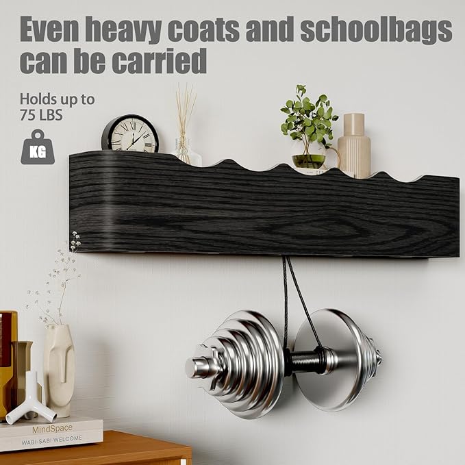 Coat Rack Wall Mount with Shelf 5 Hidden Hooks Modern Wooden Key Holder Entryway Organizer for Hallway Bedroom Bathroom Home Decor Storage for Hanging Coats Hats Bags Towels, Wave-Shape Black