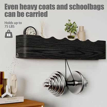 Coat Rack Wall Mount with Shelf 5 Hidden Hooks Modern Wooden Key Holder Entryway Organizer for Hallway Bedroom Bathroom Home Decor Storage for Hanging Coats Hats Bags Towels, Wave-Shape Black