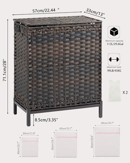 Laundry Hamper with Lid, 112 L Handwoven Rattan Wicker Laundry Basket, 2 Removable Liner Bags Metal Heightened Feet, 6 Mesh Bags, 2 Section Large Clothes Hamper for Bathroom Bedroom, Brown